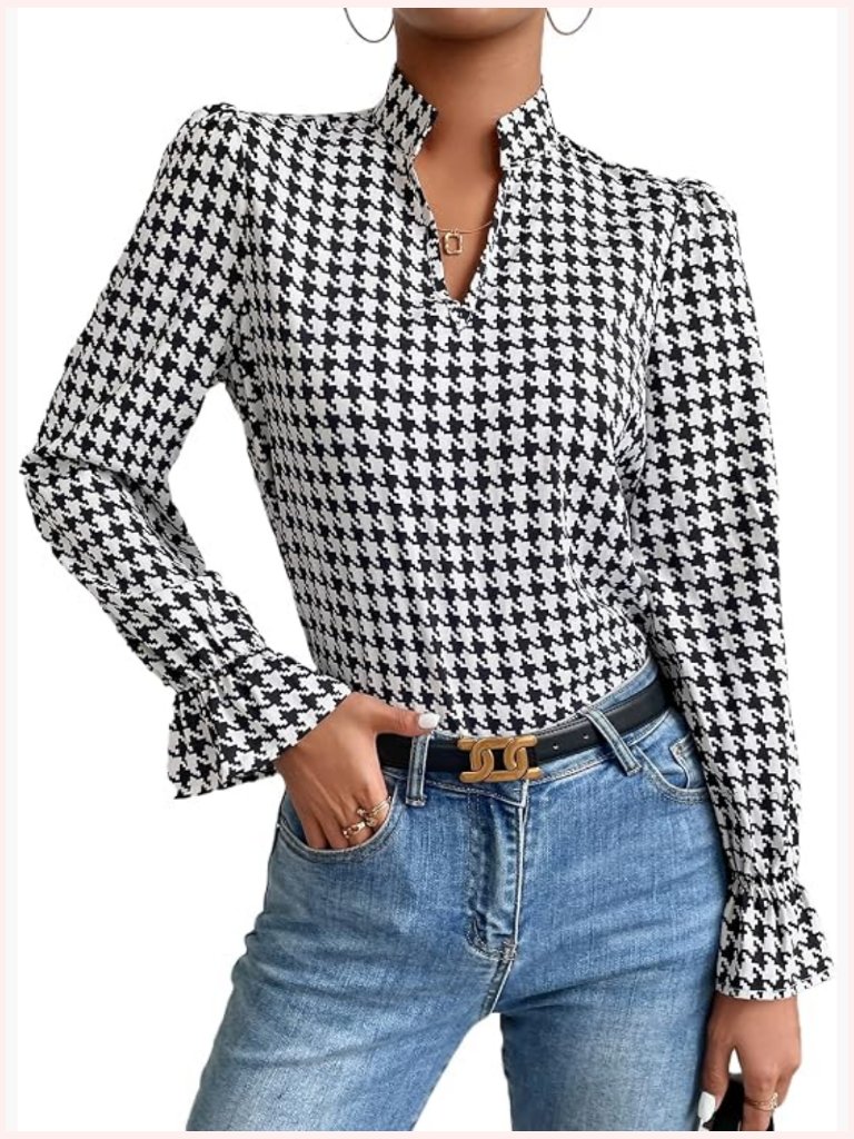 Houndstooth Notched V Neck Long Sleeve Blouse Top